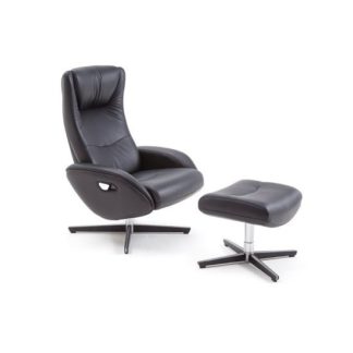 An Image of Deneb Recliner Leather Armchair In Black With Footstool