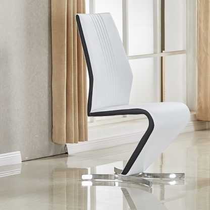 3a35c7f217a1d1e3b99fd7e714534f5421961c02997a186fb1a1613231febdee.jpg An Image of Gia Dining Chair In White Black Faux Leather With Chrome Base