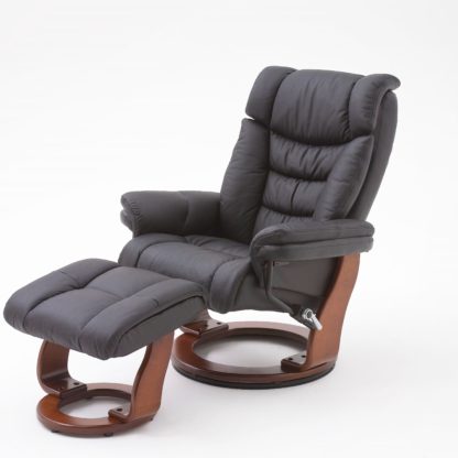 3ae096b305f2b75cf60dcd00410f237a629e9a90f935ca08e29772f8bb60a4e1.jpg An Image of Toronto Swivel Relax Chair Black Faux Leather And Footstool