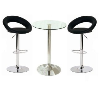 An Image of Gino Bar Table In Clear Glass And 2 Leoni Bar Stools In Black