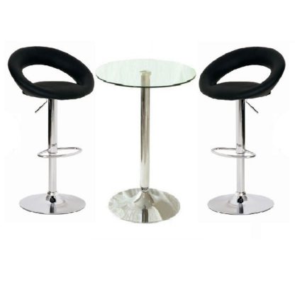 3b0bd4ff9a90cb7b3d3fe9921fdd229e163b06b11c925910fffc42be668af9ff.jpg An Image of Gino Bar Table In Clear Glass And 2 Leoni Bar Stools In Black