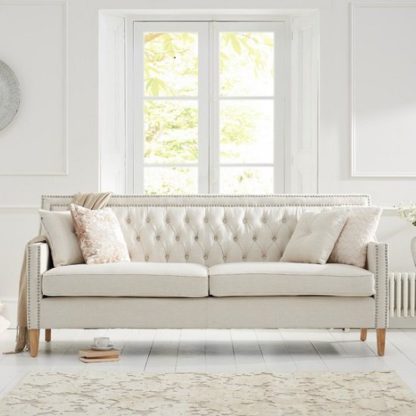 An Image of Bellard Fabric 3 Seater Sofa In Ivory White And Natural Ash Legs
