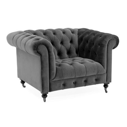 3c0b99072db14b796576f9ca277a6d4ea74f95ff46c0cd7377f4e4f89e6d1eb2.jpg An Image of Reedy Chesterfield Velvel Sofa Chair In Grey With Metal Castor