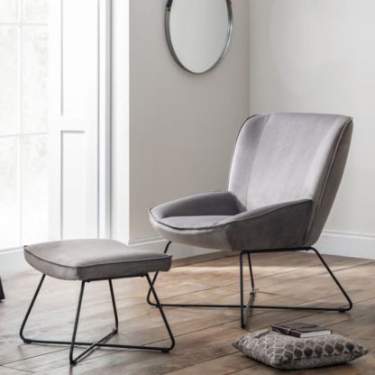 An Image of Mila Velvet Bedroom Chair With Stool In Grey