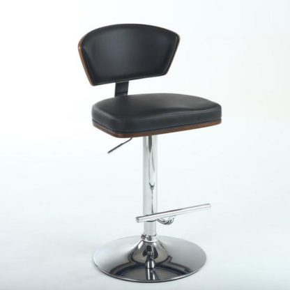 3e83927543a52828e444227f44574da609ec06acc77dbabb9b97e7fac2769214.jpg An Image of Mantis Bar Stool In Black PU And Walnut With Chrome Base