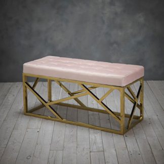 An Image of Renata Fabric Dining Bench In Pink With Gold Frame