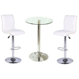 An Image of Gino Bar Table In Clear Glass And 2 Ripple Bar Stools In White