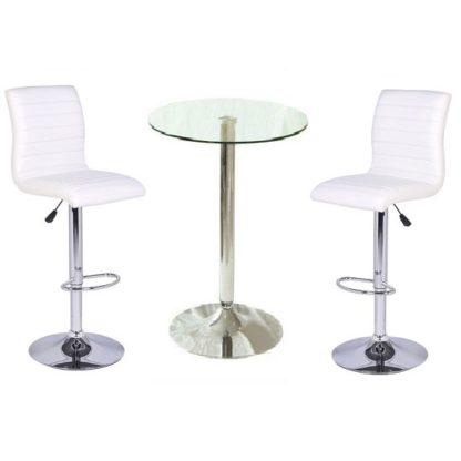43303c9d9604af921726e675f0d6f8520d7149a8a9bc8d23422576bca9371c1e.jpg An Image of Gino Bar Table In Clear Glass And 2 Ripple Bar Stools In White