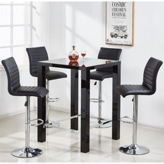 An Image of Jam Glass Bar Table Set Square In Black Gloss 4 Ripple Stools