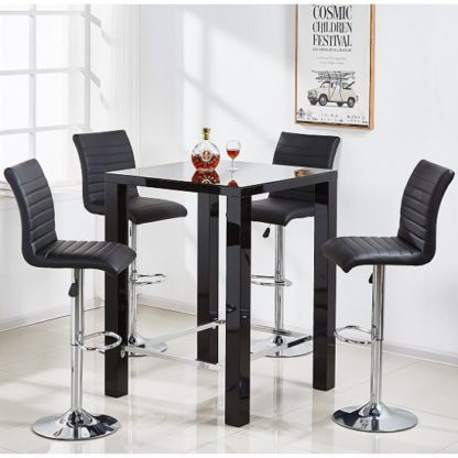 44d87b9c7f8e60301b755055b3dcc40f2aee6becda75e297f0eeaf43f749b018.jpg An Image of Jam Glass Bar Table Set Square In Black Gloss 4 Ripple Stools