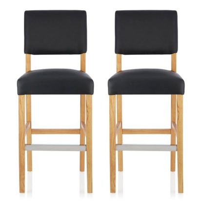 44dd1eb95a659953324e2a1562cc5f6057e3d27126e4a96feec616b65be4891b.jpg An Image of Vibio Bar Stools In Black PU With Oak Legs In A Pair