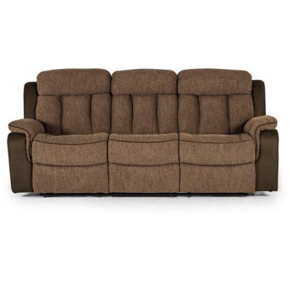 An Image of Karr Three Seater Recliner Fabric Sofa In Brown