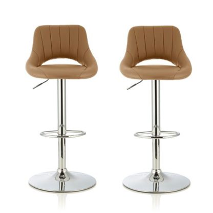 45164b415daf6aa0e6d2dc91f15e8cef475175f60229b9c190ee6e3adecdbcf8.jpg An Image of Shello Bar Stool In Taupe Faux Leather And Chrome Base In A Pair