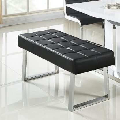 An Image of Austin Dining Bench In Black Faux Leather With Chrome Base