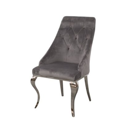 45cc42fe7e3dcc646a58d6112f112f968645b5b9c2e7c919ae8c21eff86defd7.jpg An Image of Artemis Dining Chair In Grey Velvet With Polished Metal Legs