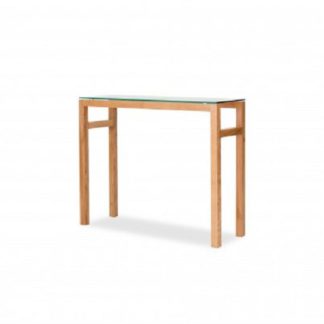 An Image of Tribe Glass Console Table In Clear With Solid White Oak Frame