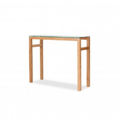 463dcac438d119cc5913e1f994f40bbd2e5dc7f24184a418809f2efadc9030cb.jpg An Image of Tribe Glass Console Table In Clear With Solid White Oak Frame