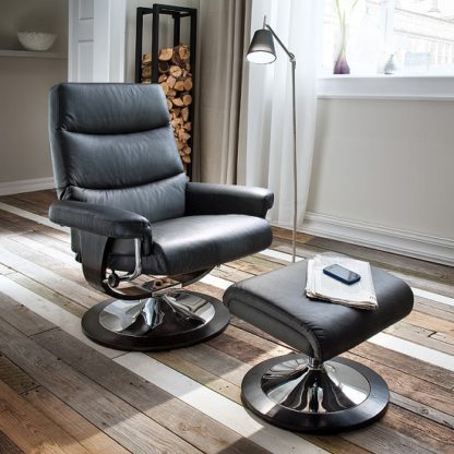 An Image of Graham Reclining Chair With Foot Stool In Black With Chrome Base