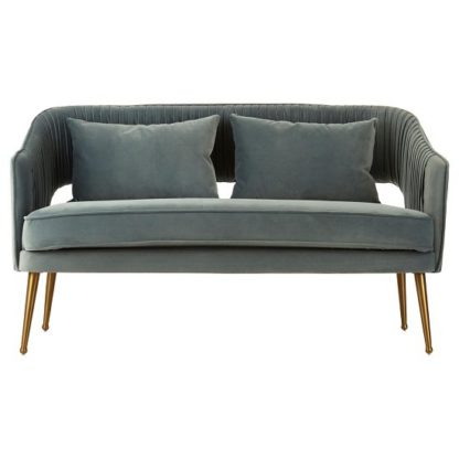 An Image of Agnetas Velvet Two Seater Sofa In Blue With Gold Finish Legs