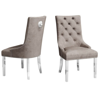 4798f7cce79cef40898fd6b48e956912ce12ae8871c7b4acfe7e2308a4c5afb7.jpg An Image of Donatello Mink Velvet Fabric Dining Chairs In Pair