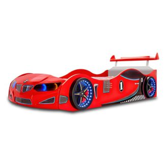 An Image of BMW GTI Childrens Car Bed In Red With Spoiler And LED