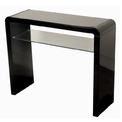 47ee025e1509ea56859c151248b5e382fca9fd02f5b58185853947c7672b9d56.jpg An Image of Norset Medium Console Table In Black Gloss With 1 Glass Shelf