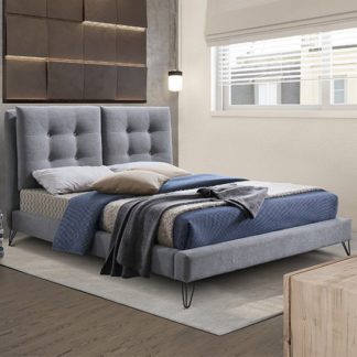 An Image of Tuscany Fabric King Size Bed In Light Grey With Black Metal Legs