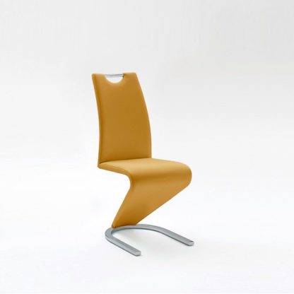 48e80af5dc311aa48c53dbdfbbe6c36918e6bc39bcb588ef5588d4aab2ff07b3.jpg An Image of Amado Dining Chair In Curry Faux Leather With Chrome Base
