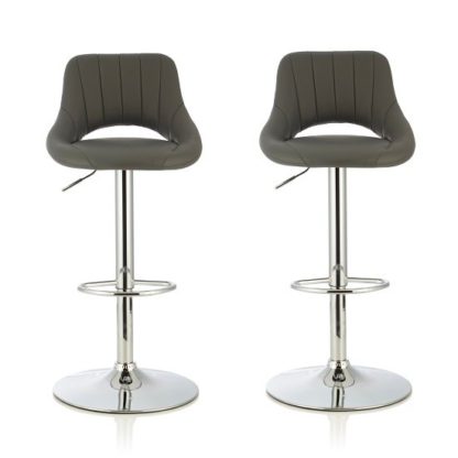 An Image of Shello Bar Stool In Grey Faux Leather With Chrome Base In A Pair