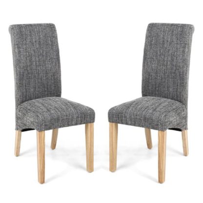 4adca87dc408ca9fb0be108d64e8b759f5768997032c8cf20fc7d2e7496f1627.jpg An Image of Karta Scroll Back Tweed Grey Dining Chairs In Pair