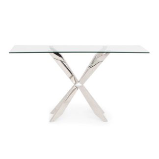 An Image of Lyon Glass Console Table In Clear With Stainless Steel Base