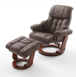 An Image of Calgary Swivel Relaxer Chair Leather With Foot Stool In Brown
