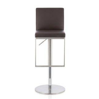An Image of Cuban Bar Stool In Brown Faux Leather And Stainless Steel Base