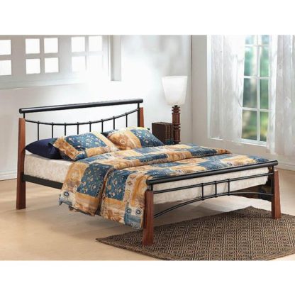 4d5e86afdb5adfc6adce55d95f2c323aff5ccf34646161e82a5dec63d2e240ef.jpg An Image of Franklin Metal Single Bed In Black With Dark Oak Wooden Legs