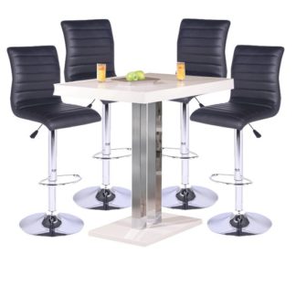 An Image of Palzo Bar Table In White High Gloss With 4 Ripple Black Stools