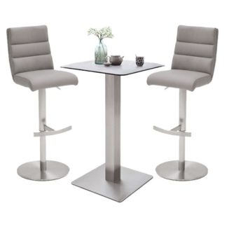 An Image of Soho Glass Bar Table With 2 Hiulia Ice Grey Leather Stools