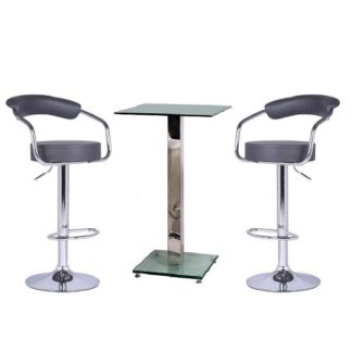 An Image of Spice Bar Table In Clear Glass And 2 Zenith Grey Bar Stools