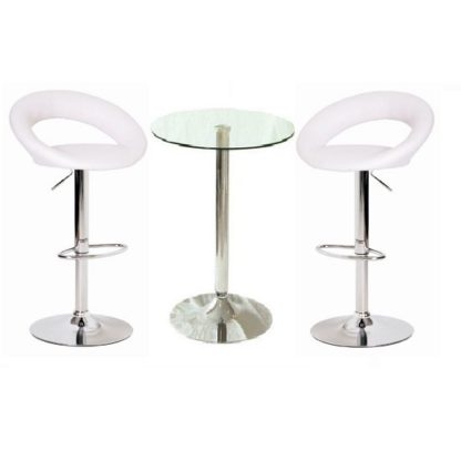 An Image of Gino Bar Table In Clear Glass And 2 Leoni Bar Stools In White