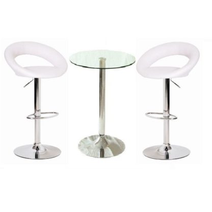 4eadc59da75929bd5c03e470d7be0f871e513e4bec27b81a3008027de9055e9a.jpg An Image of Gino Bar Table In Clear Glass And 2 Leoni Bar Stools In White