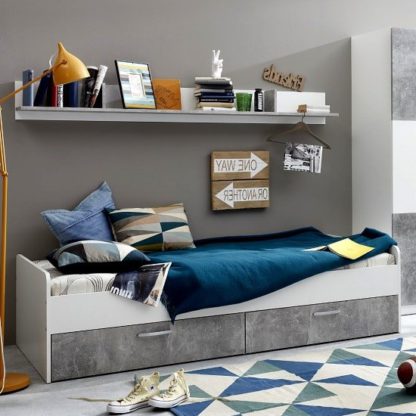 4f545481abdd73b615ef9531e6384e929d23f5f4ea37dbab0f47a00e1f8868cb.jpg An Image of Rimini Childrens Bed In White And Stone Grey