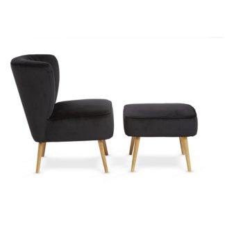 An Image of Samova Fabric Bedroom Chair And Foot Stool In Black Velvet