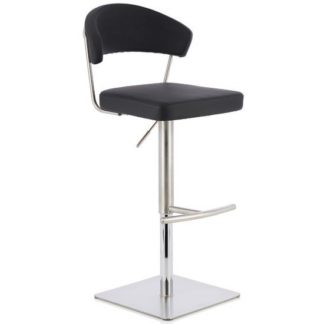 An Image of Abilio Bar Stool In Black Faux Leather And Stainless Steel Base