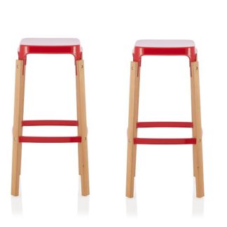 An Image of Hoker 76cm Bar Stools In Glossy Red In A Pair