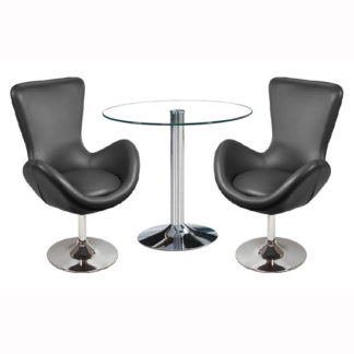 An Image of Dante Bistro Set In Clear Glass With 2 Destiny Black Chairs