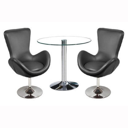 5122f8af583036ad9cdc7ae7069f16eb5ec70e84cbfae4e017941df8b85885bb.jpg An Image of Dante Bistro Set In Clear Glass With 2 Destiny Black Chairs