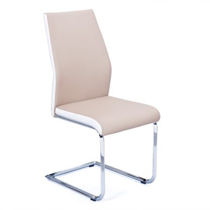 An Image of Marine Dining Chair In Beige And White PU Leather Chrome Base