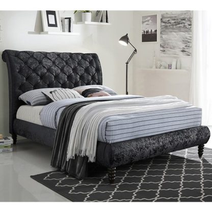 An Image of Venice Velvet King Size Bed In Black With Black Wooden Legs