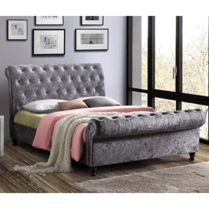 An Image of Castello Fabric Double Bed In Steel Crushed Velvet