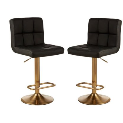 An Image of Baino Black Leather Bar Stool In Pair With Gold Base