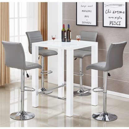 An Image of Jam Glass Bar Table Set In White Gloss 4 Ripple Grey Stools